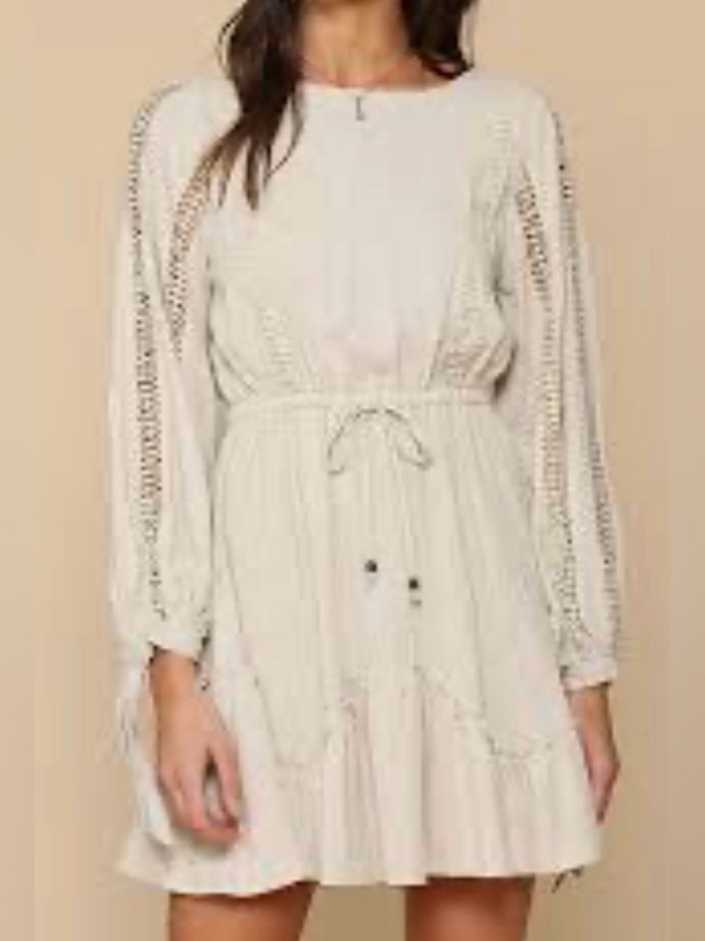 By Together Beige Flax Blend Crochet Boho Tiered Mini Dress - Size M